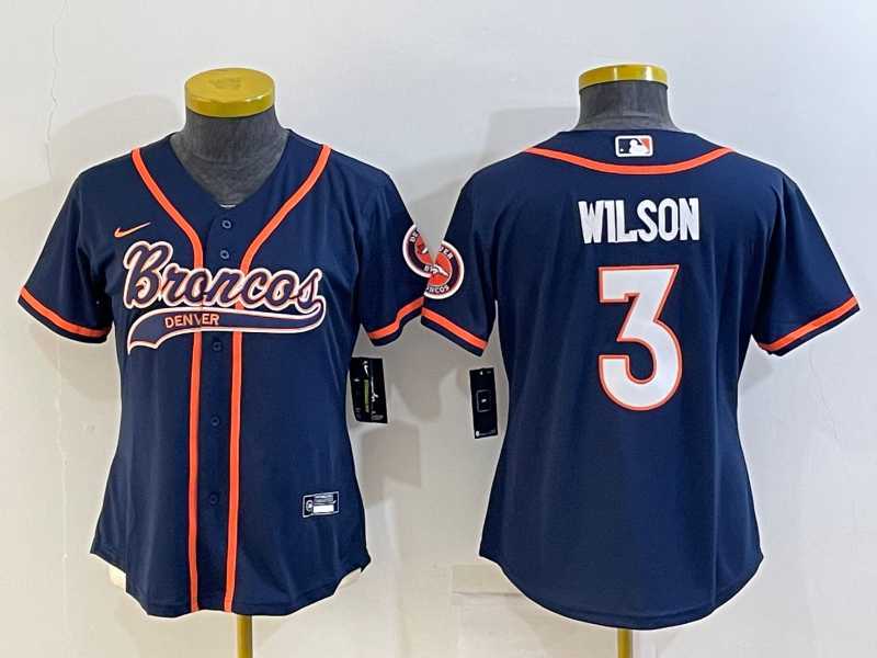 Womens Denver Broncos #3 Russell Wilson Navy Blue With Patch Cool Base Stitched Baseball Jersey